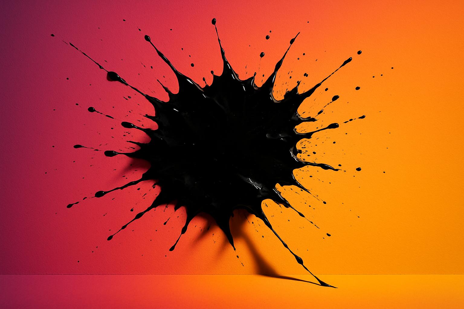 An abstract painting featuring a darker splatter of paint on a fiery background with a gradient of red and orange hues.